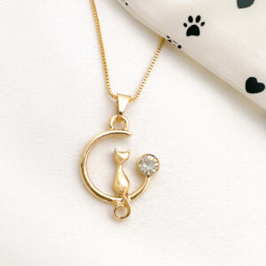 Colar de gatinho na lua ponto de luz folheado a ouro