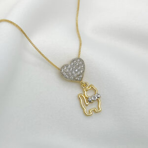 Colar coração cravejado com gato