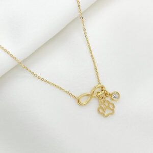 Colar infinito com patinha e ponto de luz folheado a ouro